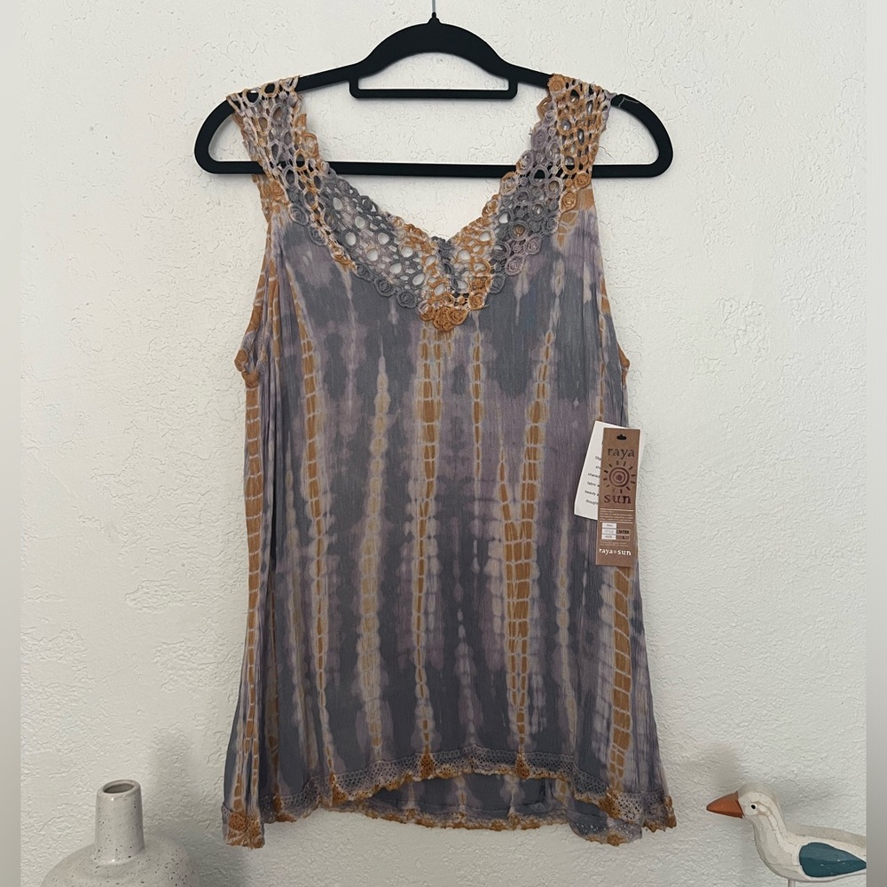 Raya Sun TieDye crochet borders 60% Cotton 40% Rayon woman’s sleeveless top
